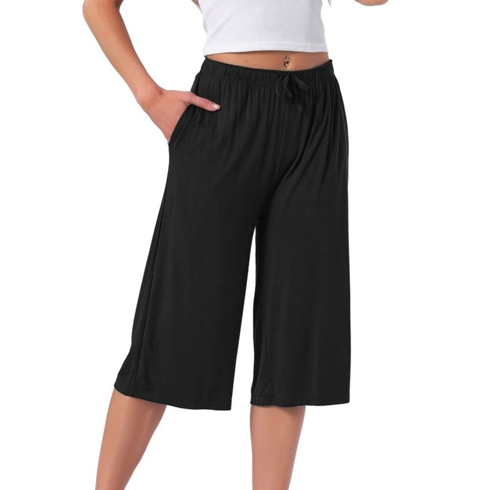 Women Comfy Viscose High Waisted Knee Length Pajama Shorts Black